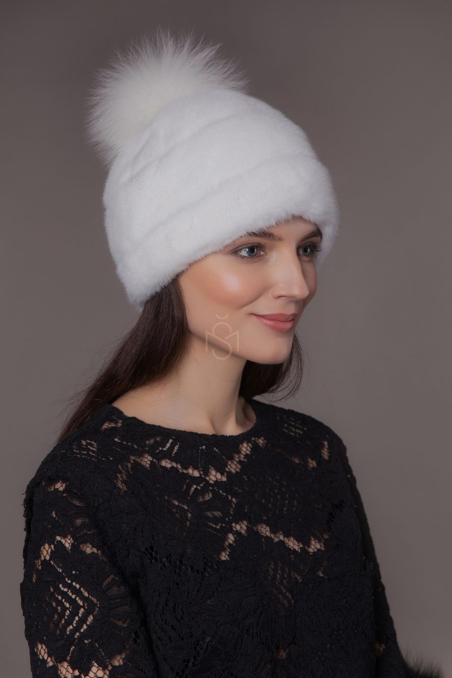 mink fur hat with fox fur pom-pom