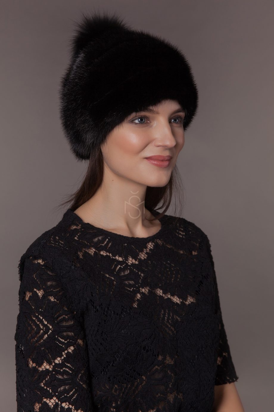 mink fur hat with fox fur pom-pom