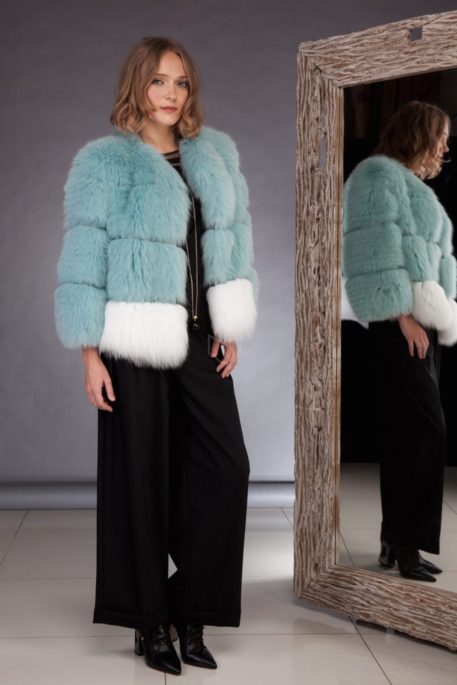Fox fur jacket, two colors combined made by SILTA MADA fur studio in Vilnius