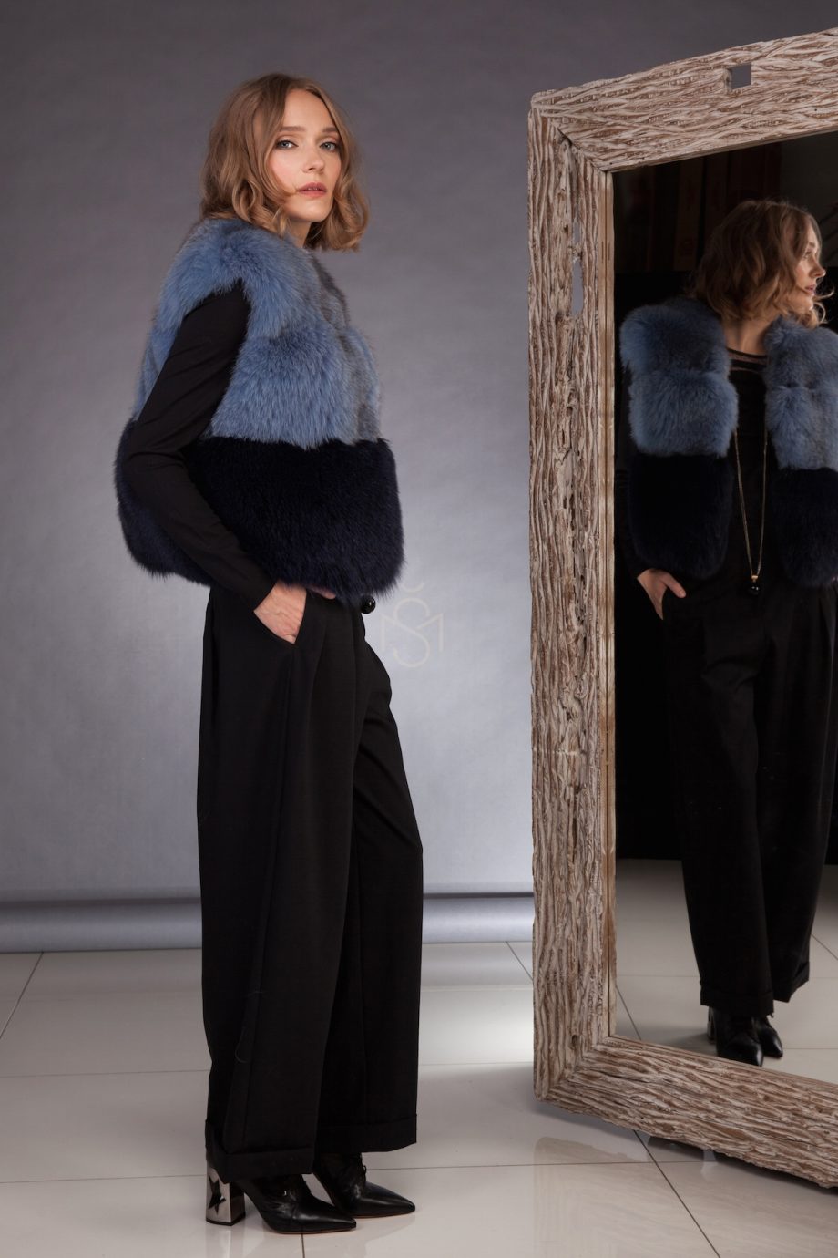 Contrast fox fur vest made by SILTA MADA fur studio in Vilnius
