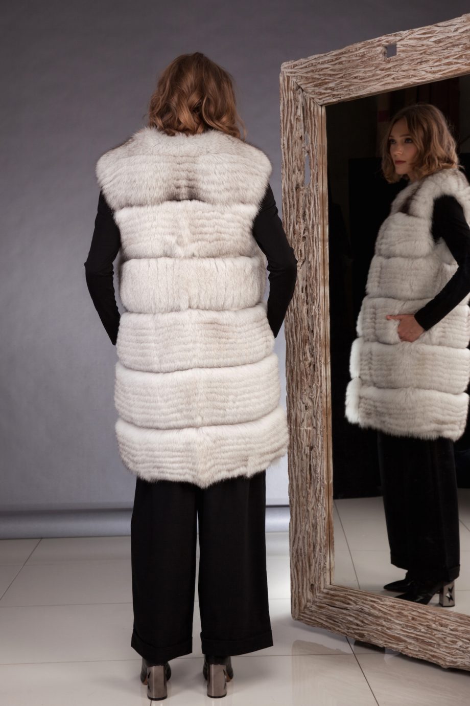 High quality northern fox fur vest made by SILTA MADA fur studio in Vilnius