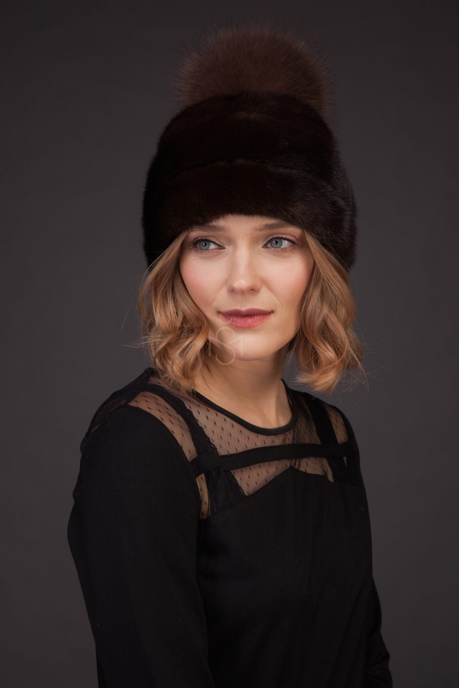 Mink fur hat with pom-pom natural brown made by SILTA MADA fur studio in Vilnius