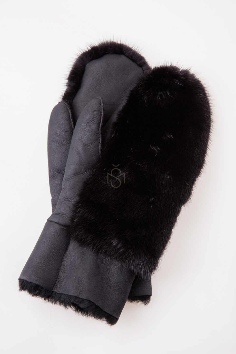 Sheepskin mittens with mink fur black made by Silta Mada fur studio in Villnius