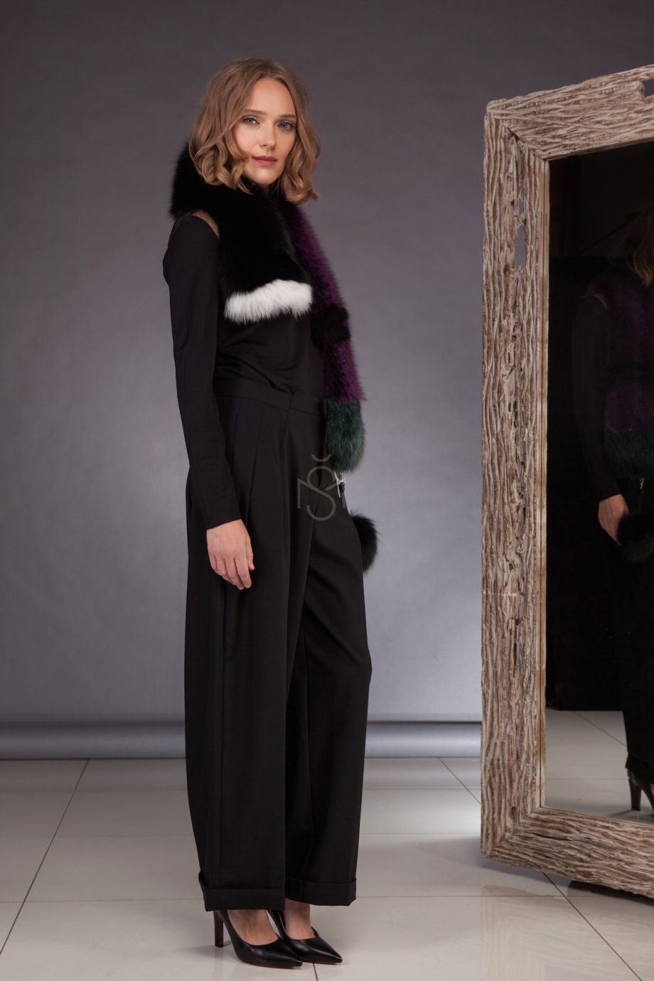 Contrast fox fur scarf with pom-pom_purple made by SILTA MADA fur studio in Vilnius