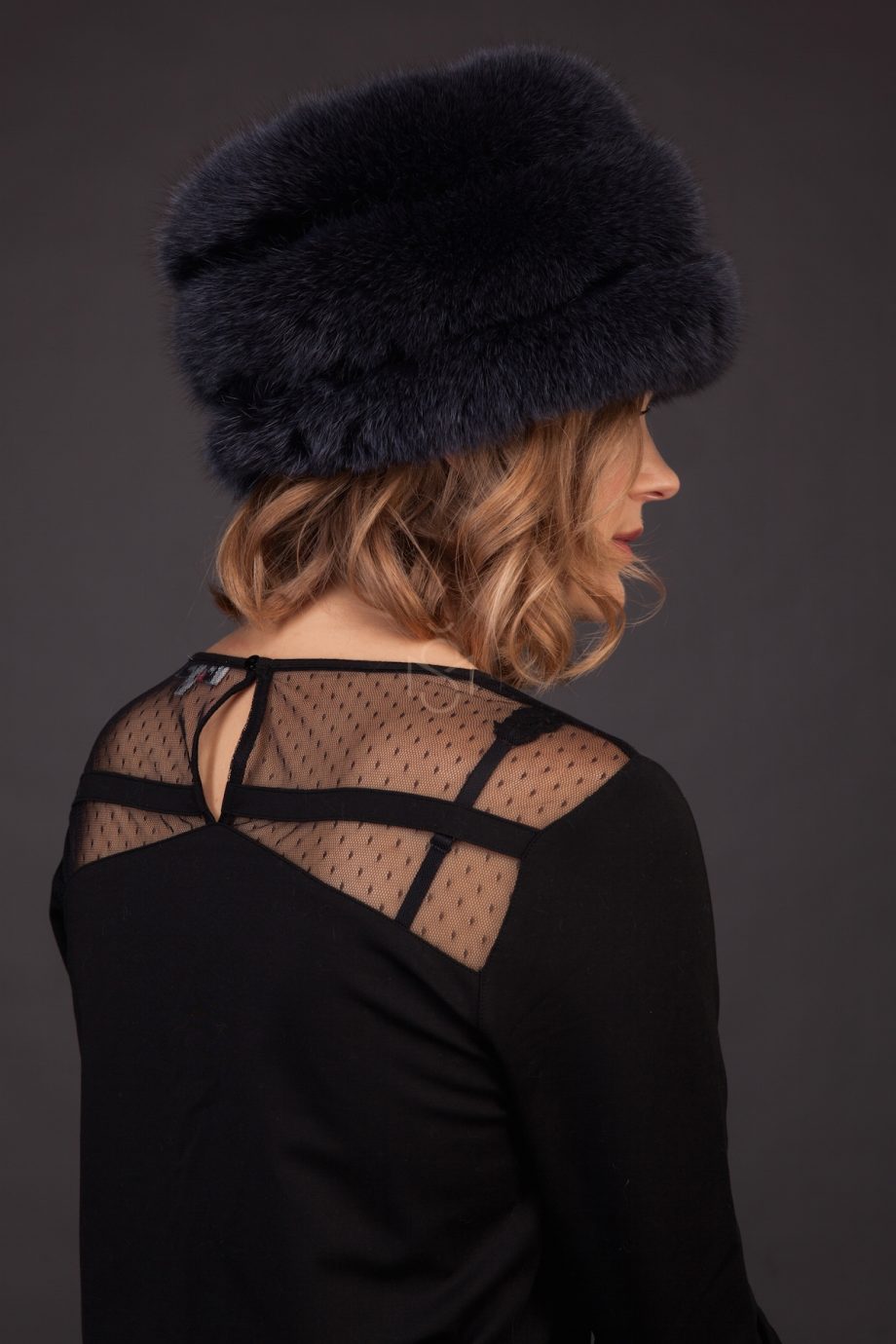 Fox fur hat with leather inserts blue made by SILTA MADA fur studio in Vilnius