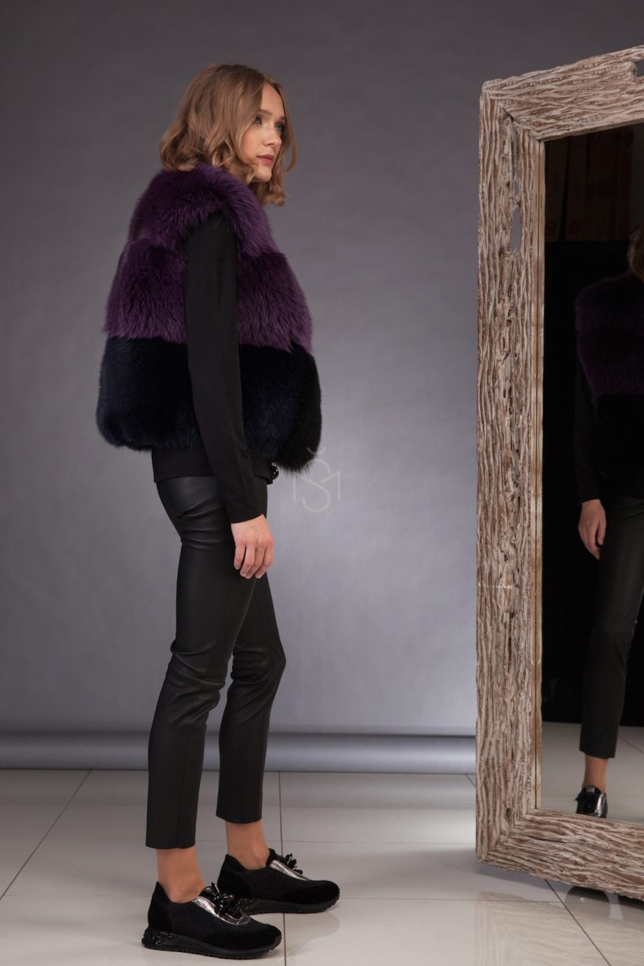 Contrast fox fur vest_purple made by SILTA MADA fur studio in Vilnius