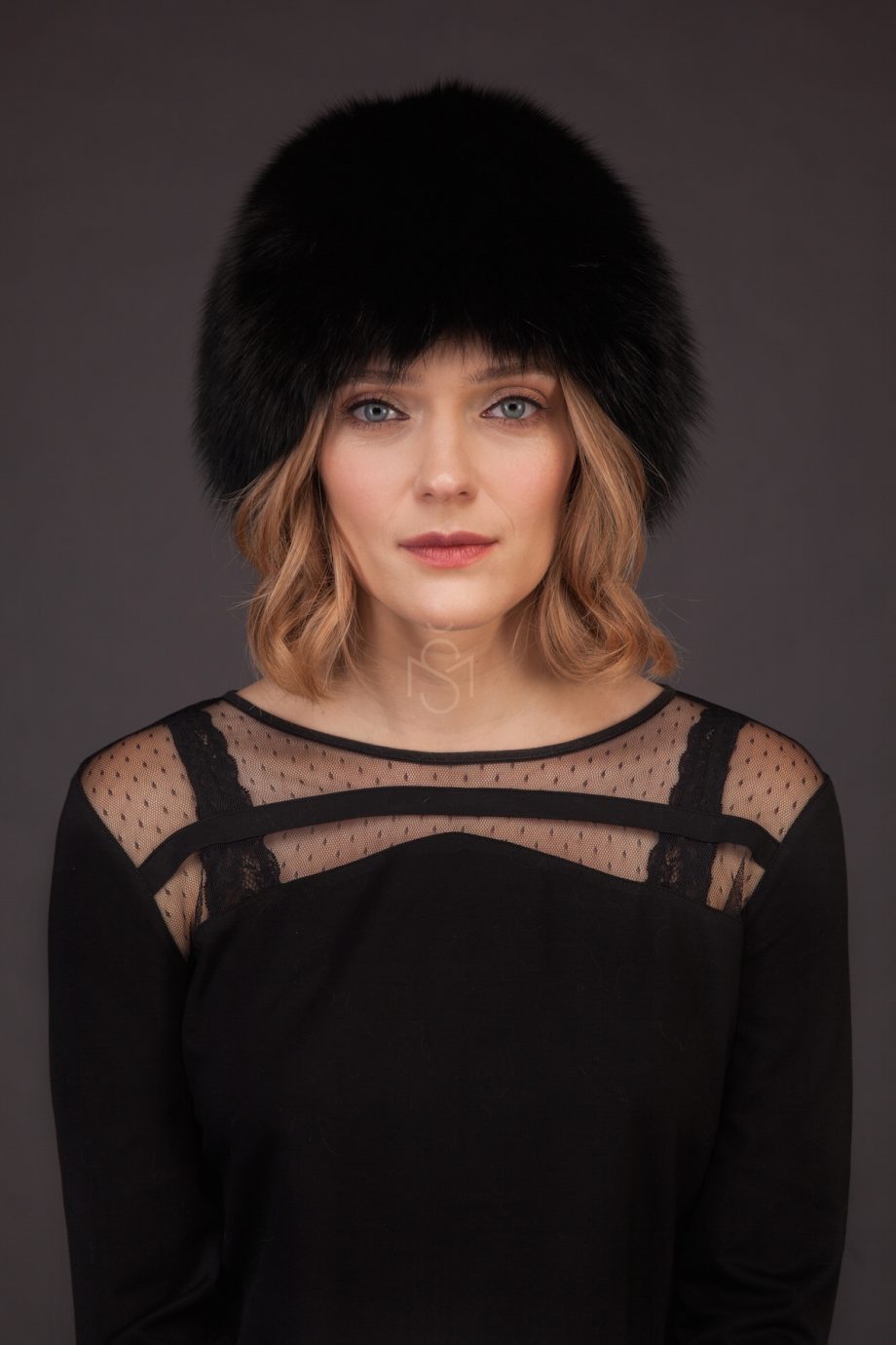 Knitted fox fur hat black made by SILTA MADA fur studio in Vilnius