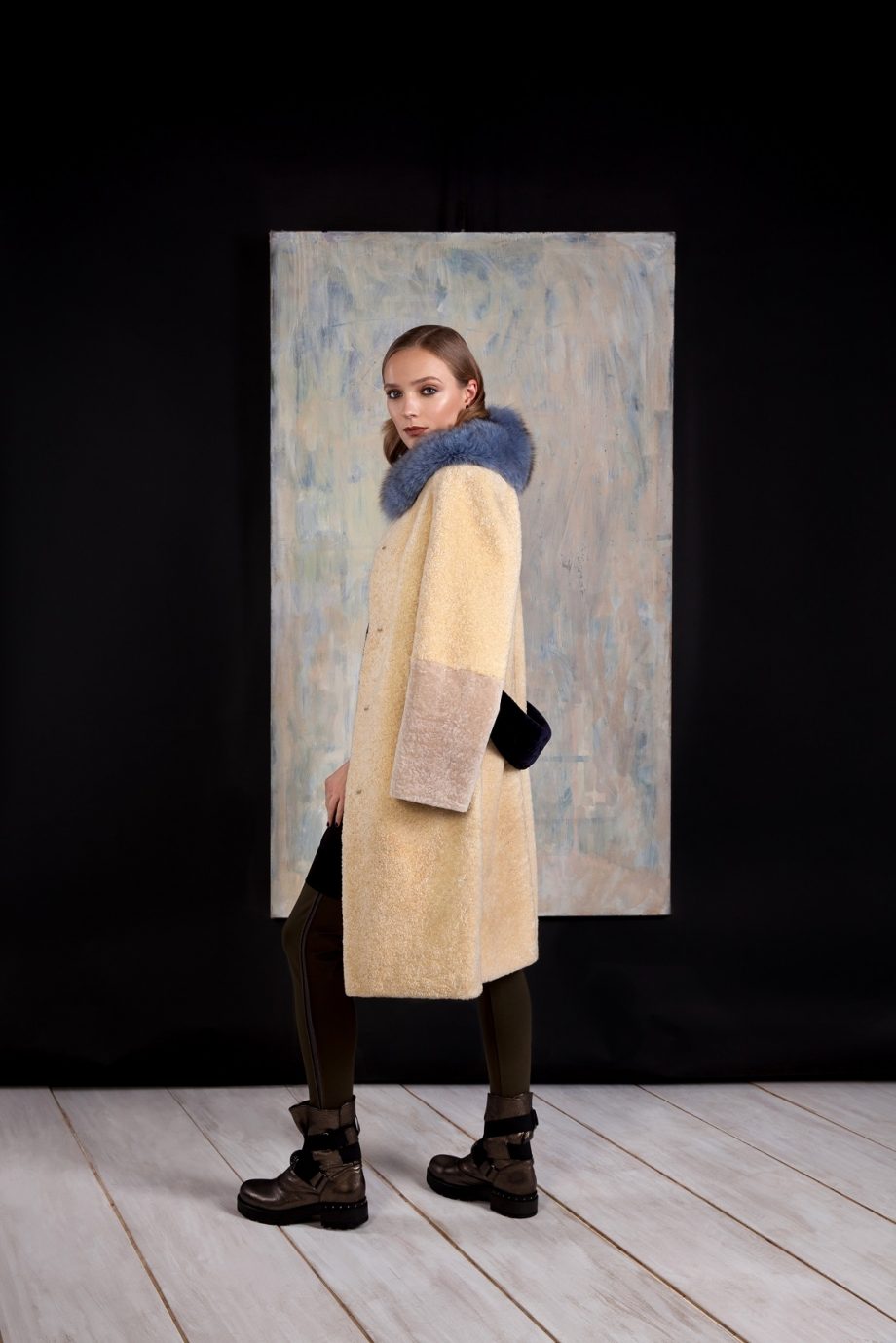 especially soft and light sheepskin coat decorated with fox fur made by Silta Mada fur studio in Vilnius.