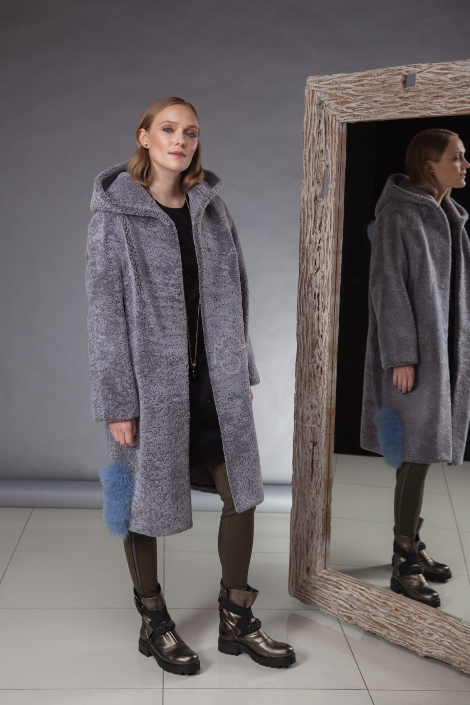 Exceptionally soft and light sheepskin coat with hood made by Silta Mada fur studio in Vilnius